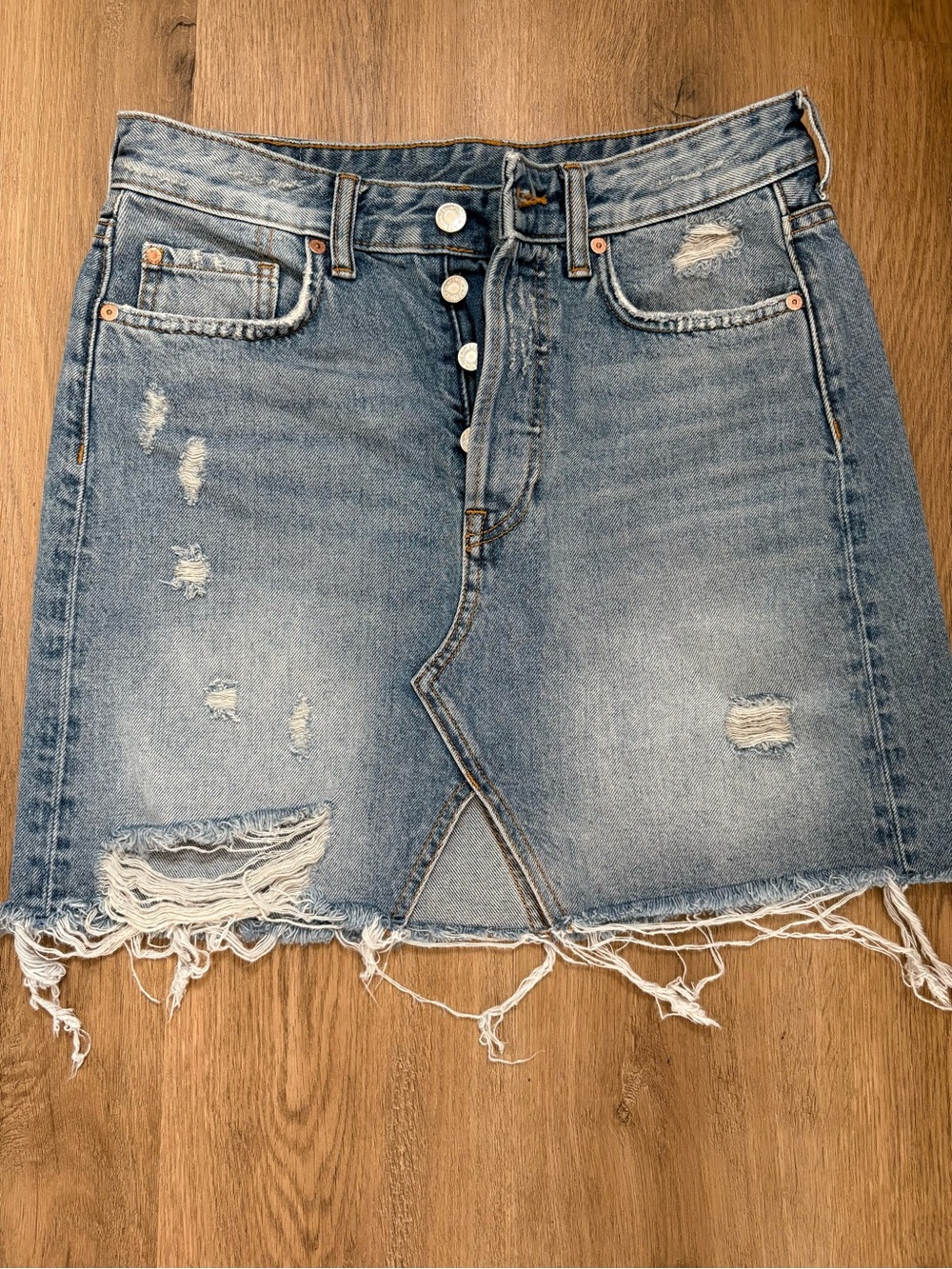 H&M Light Blue Distressed Denim Mini Skirt with Button Front